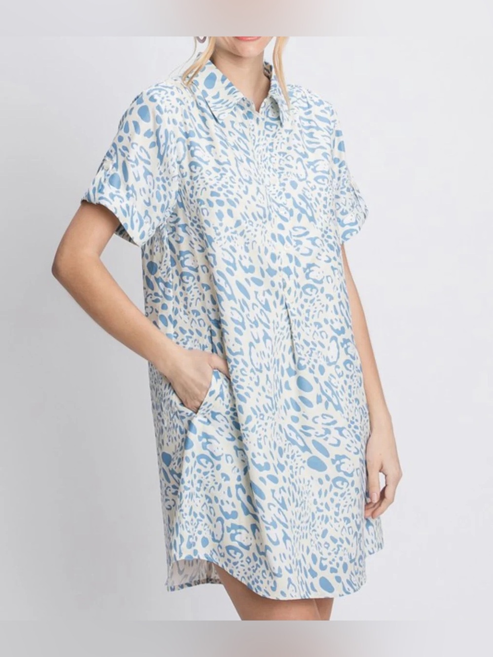 JODIFL Blue & Cream Leopard Print Short Sleeve Tunic Blouse - Size L Beach
